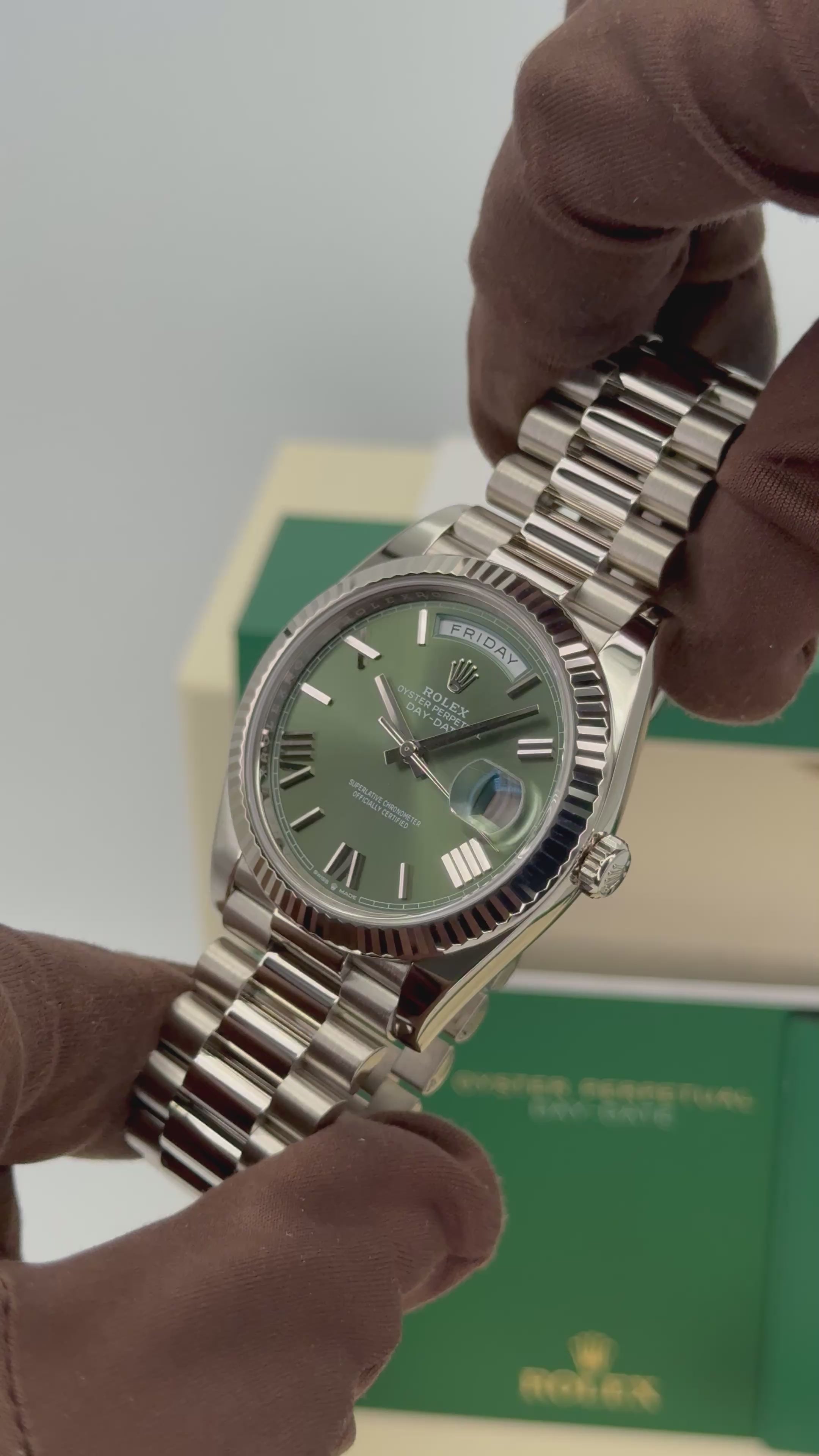 2021 Rolex Day-Date 40mm 228239 White Gold Olive Dial