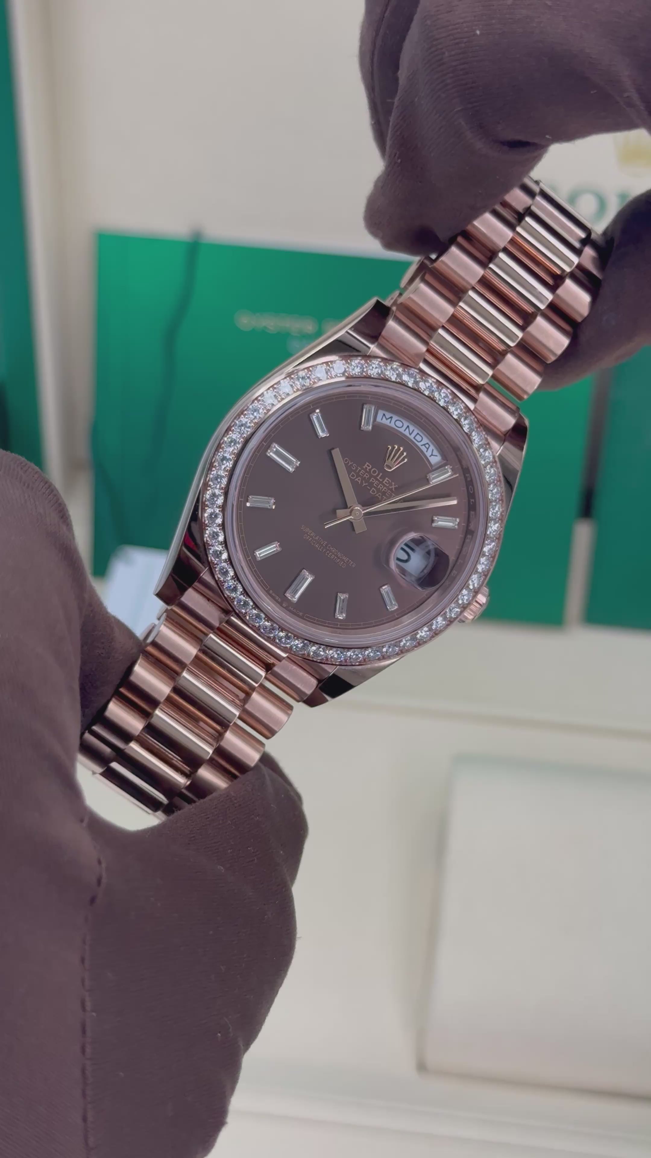 2025 Rolex Day-Date 40mm 228345RBR Rose Gold Chocolate Diamond Dial