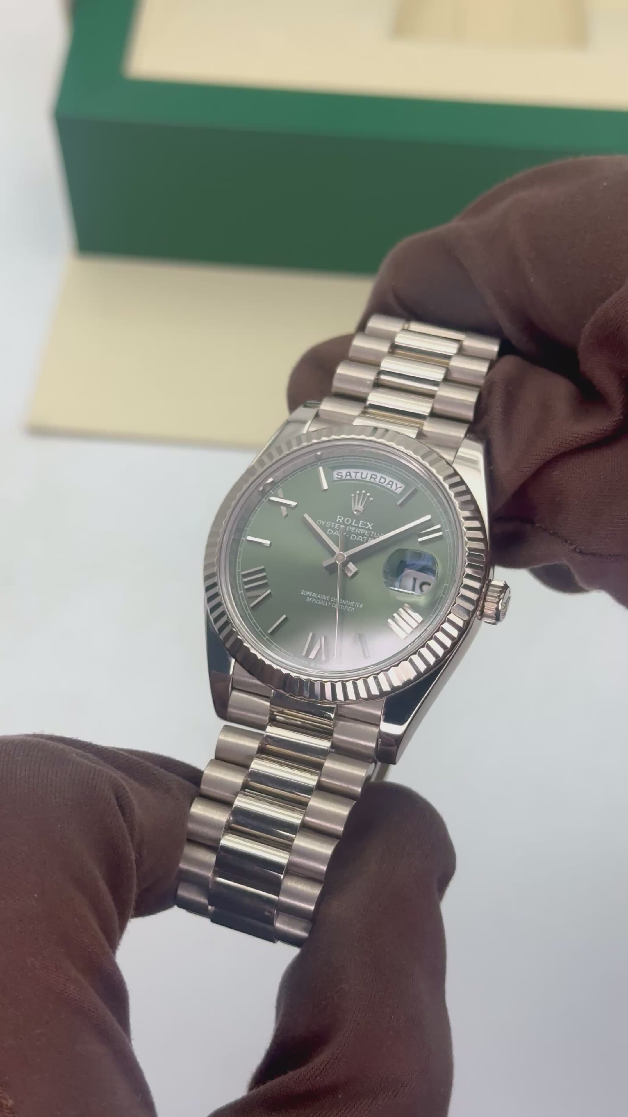 2020 Rolex Day-Date 40mm 228239 Presidential White Gold Olive Green Di