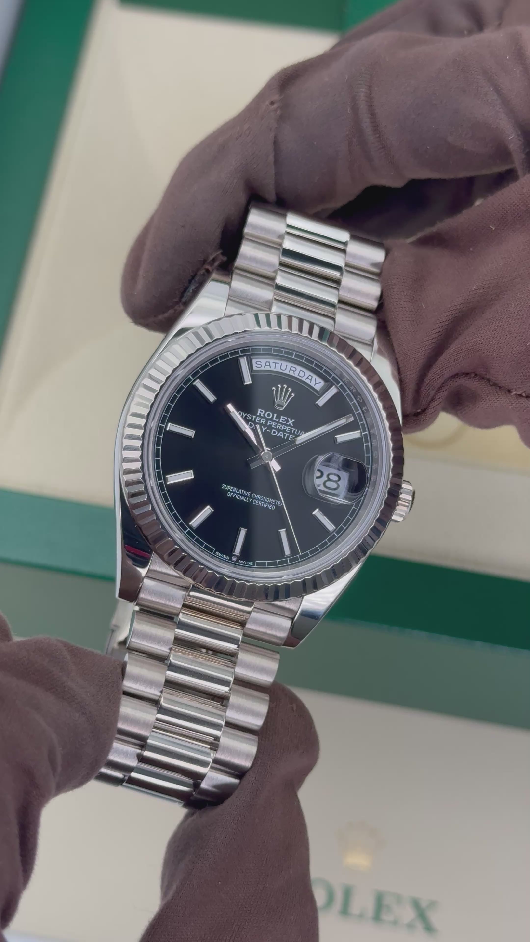 2025 Rolex Day-Date 40mm 228239 Presidential 18kt White Gold Black Dia
