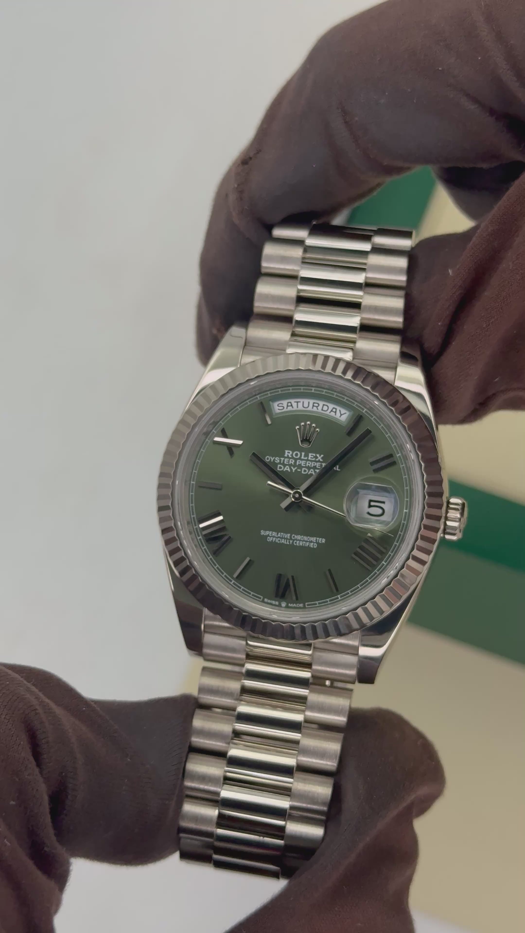 2022 Rolex Day-Date 40mm 228239 Presidential 18kt White Gold Olive Dia