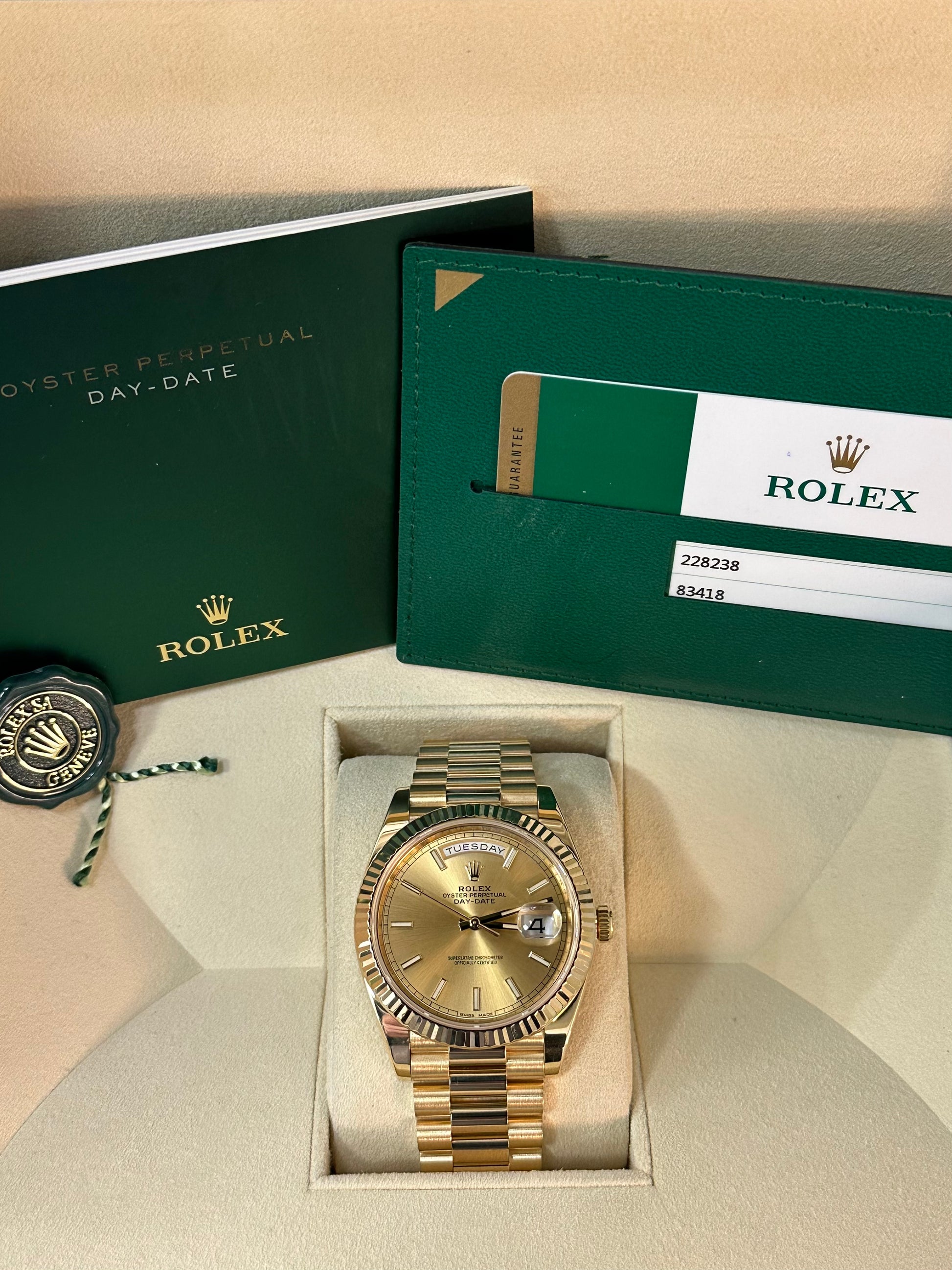 2016 Rolex Day-Date 40mm 228238 18ct Yellow Gold Champagne Stick Dial with Box & Papers - MyWatchLLC