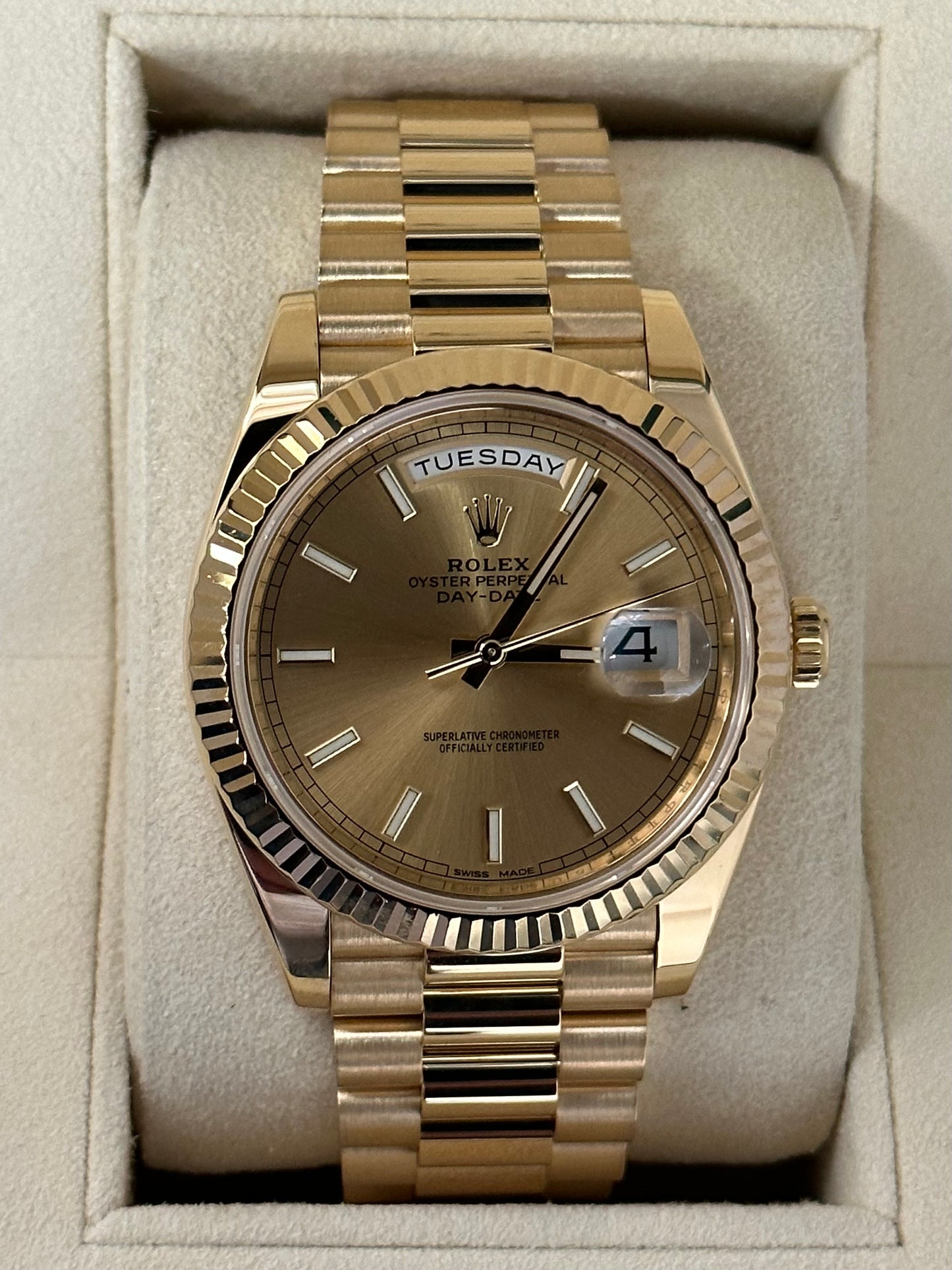 2016 Rolex Day-Date 40mm 228238 18ct Yellow Gold Champagne Stick Dial with Box & Papers - MyWatchLLC